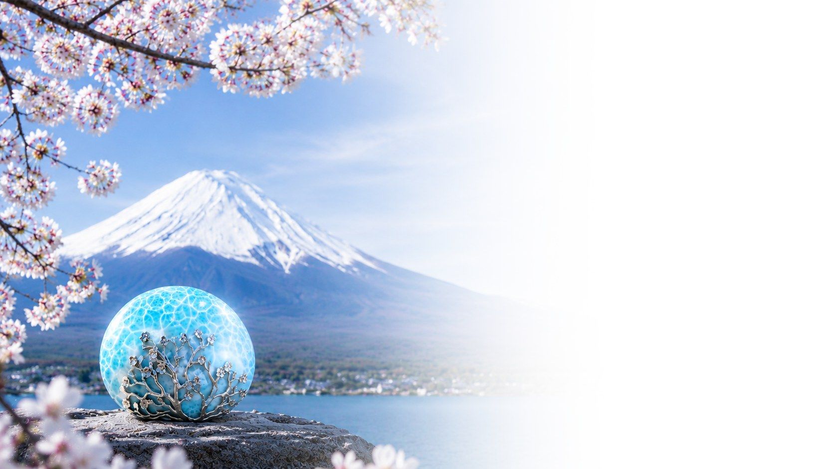 Esfera de Larimar con el Monte Fuji y flores de cerezo